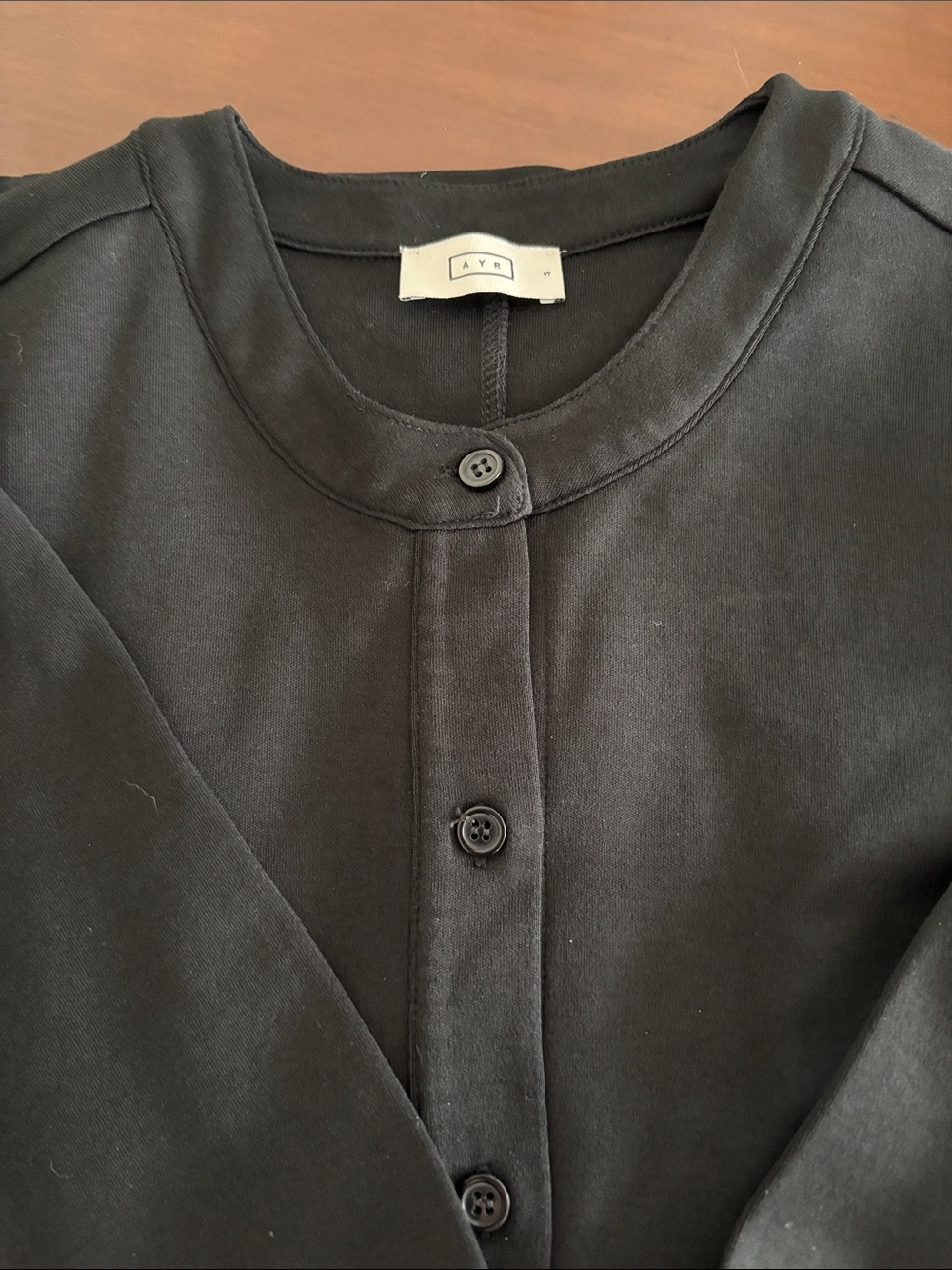 AYR Black Button-Front Crewneck Top, not faded as appears in photo